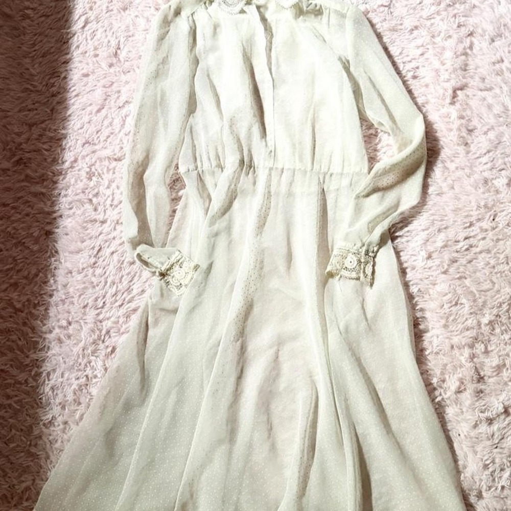 Vintage 70s Delicate Polka Dot Sheer Whimsical Victorian‎ Midi Dress Womens S